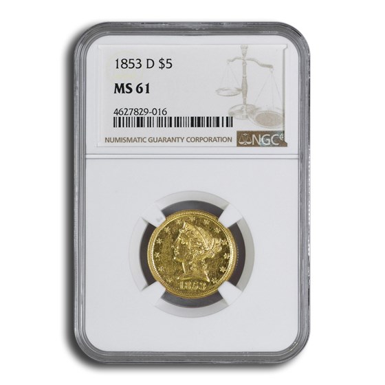 1853-D $5 Liberty Gold Half Eagle MS-61 NGC 1853-D $5 Liberty Gold Half Eagle MS-61 NGC